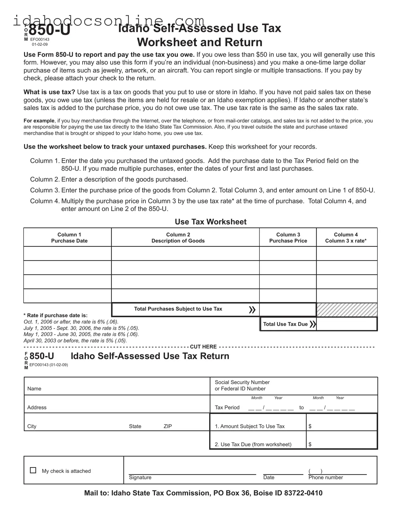 Blank Idaho 850 U PDF Form