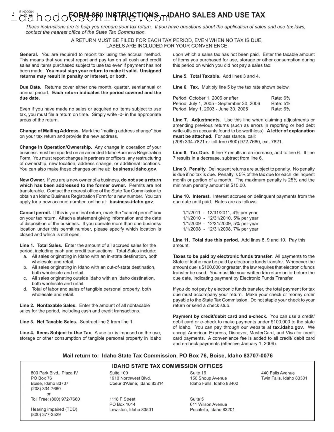 Blank Idaho 850 PDF Form