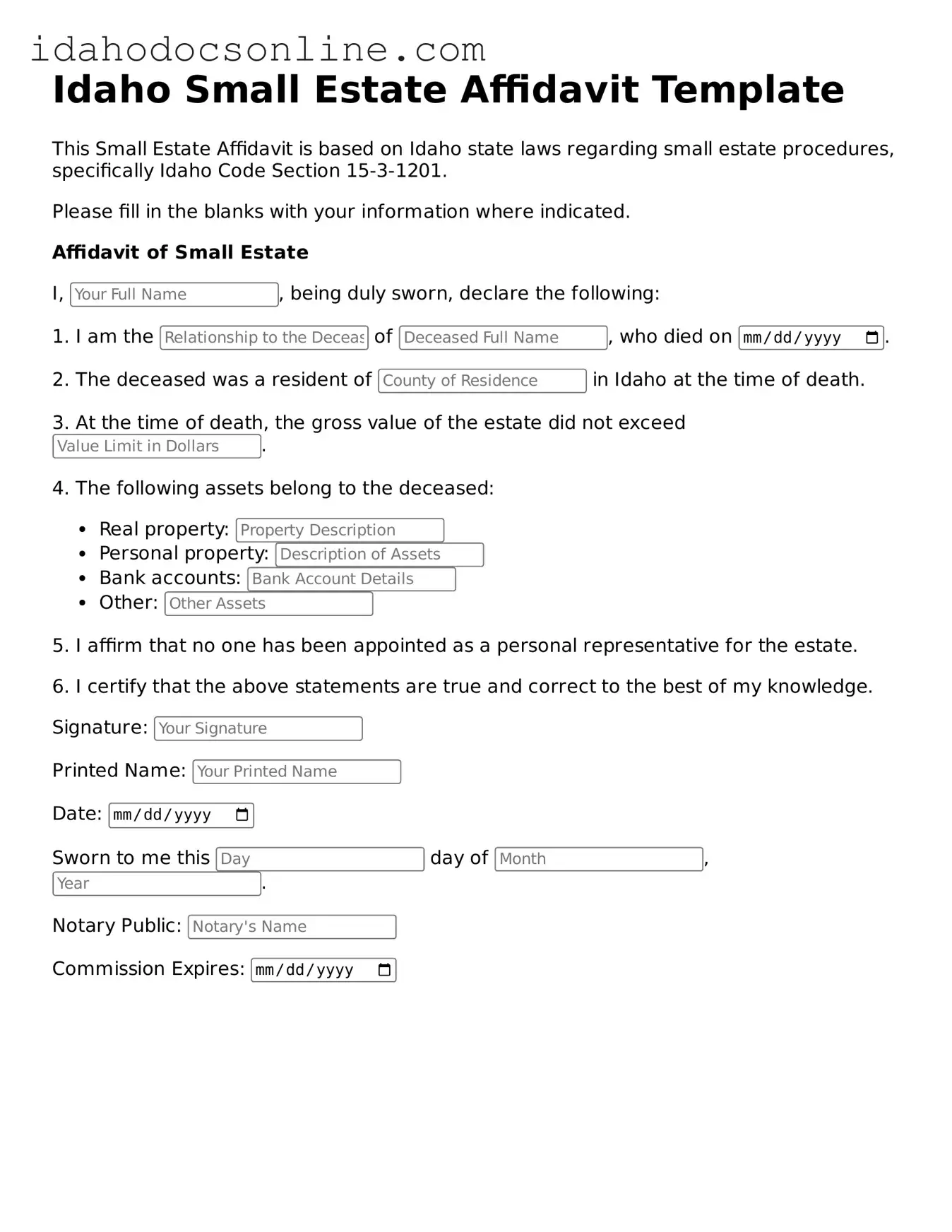 Free  Small Estate Affidavit Form for Idaho
