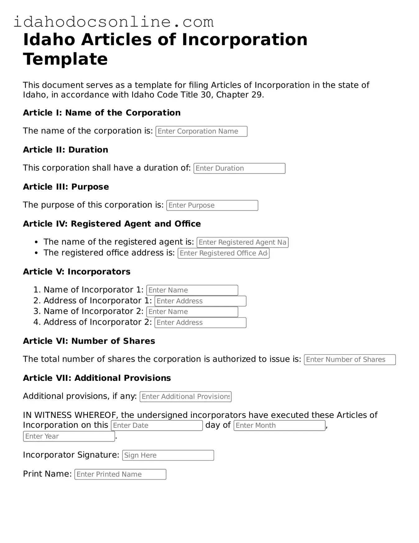 Free  Articles of Incorporation Form for Idaho