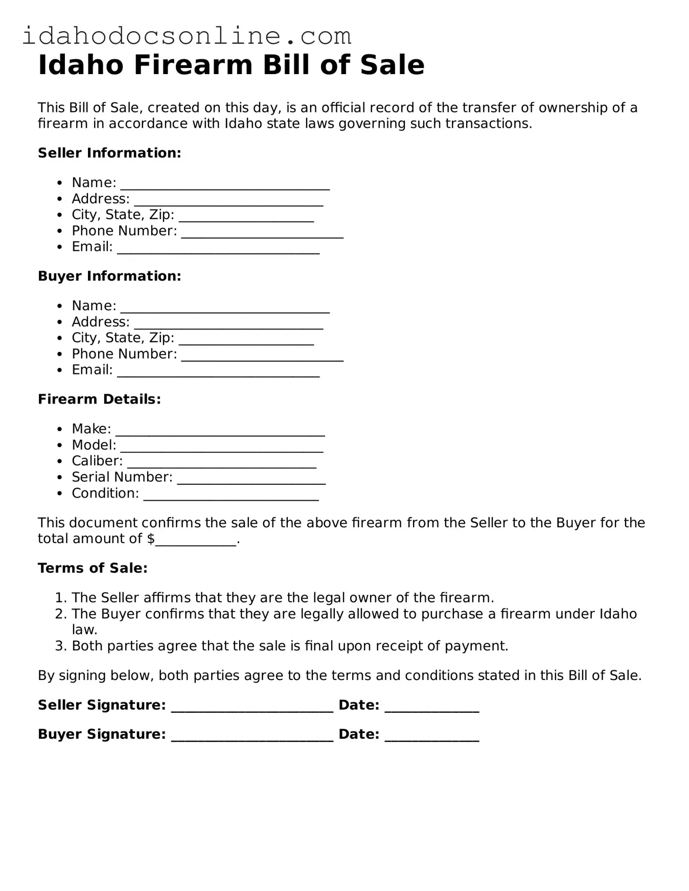 Free  Firearm Bill of Sale Form for Idaho
