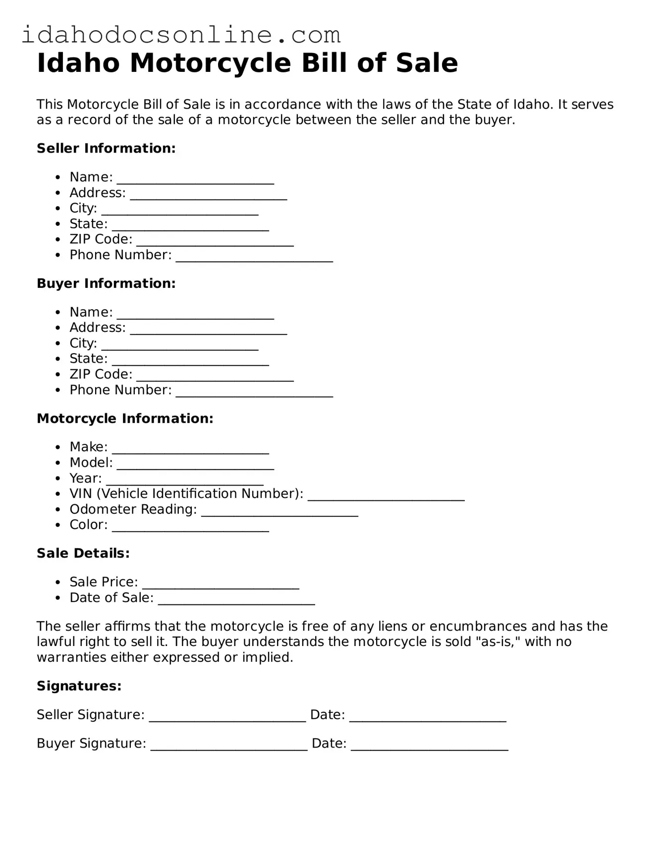 Free  Motorcycle Bill of Sale Form for Idaho