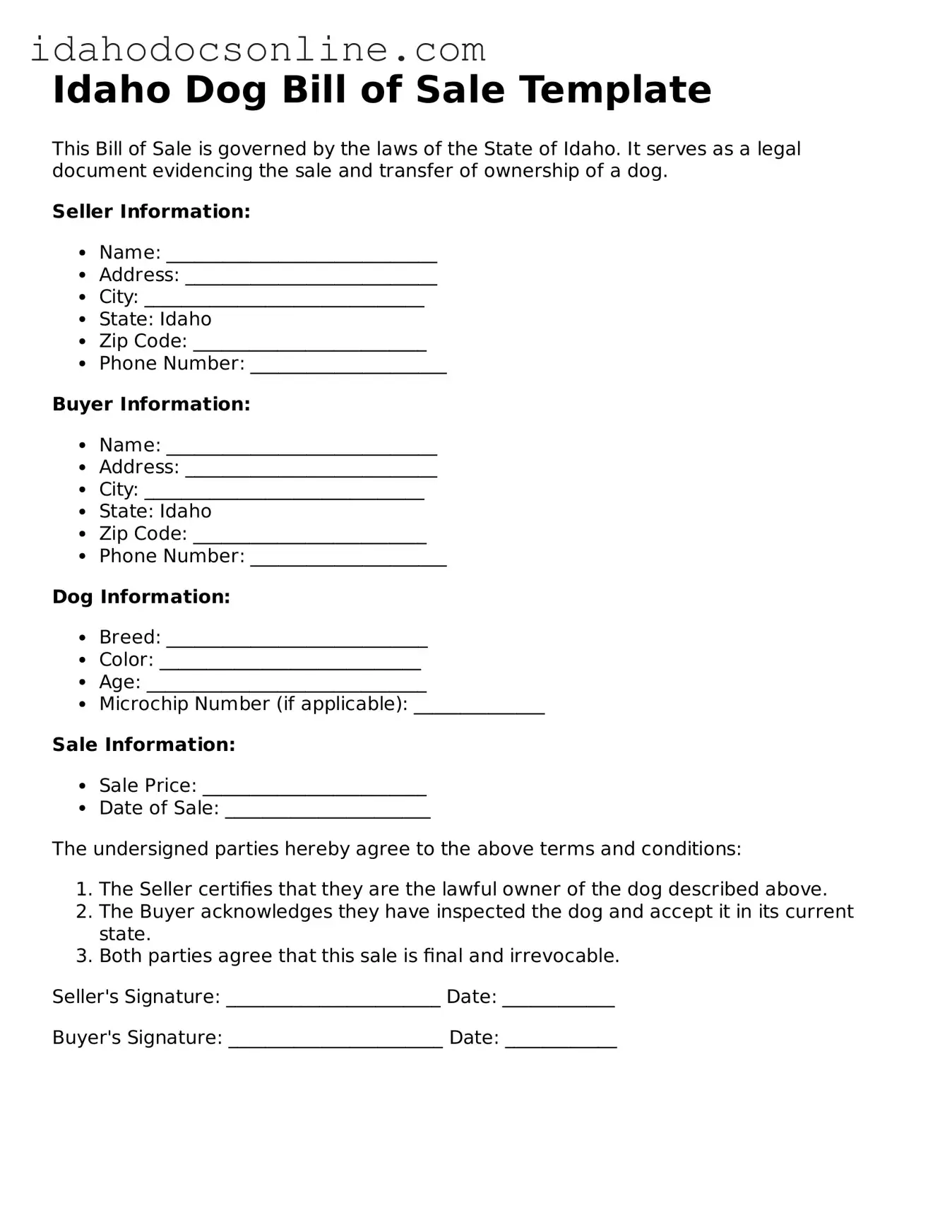 Free  Dog Bill of Sale Form for Idaho