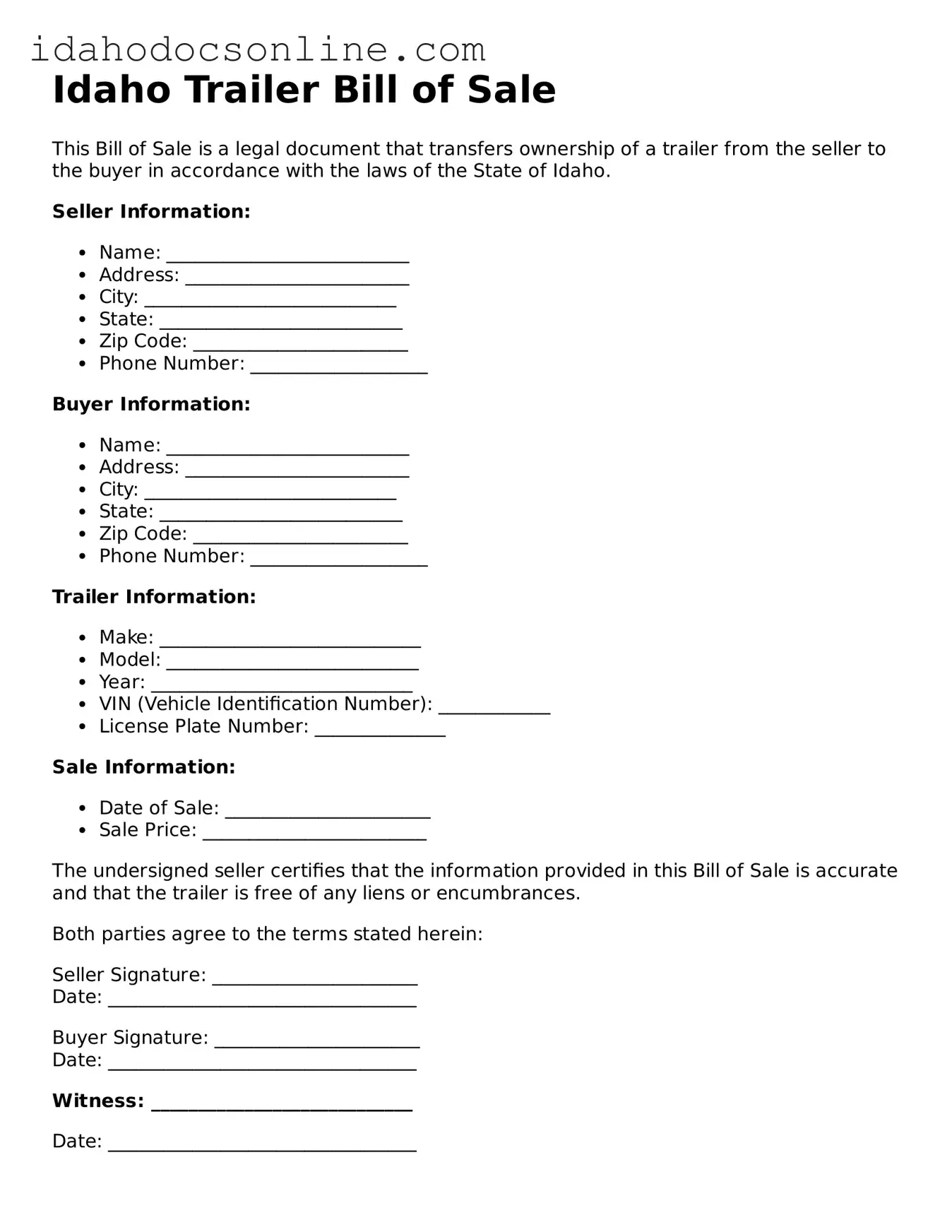 Free  Trailer Bill of Sale Form for Idaho