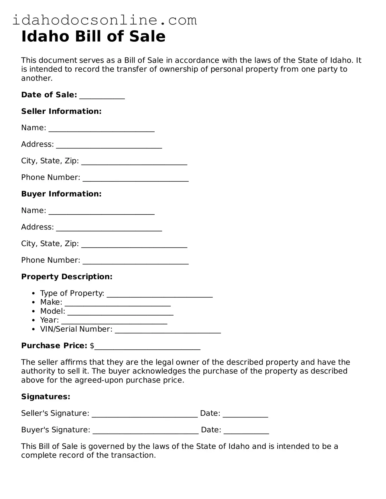 Free  Bill of Sale Form for Idaho