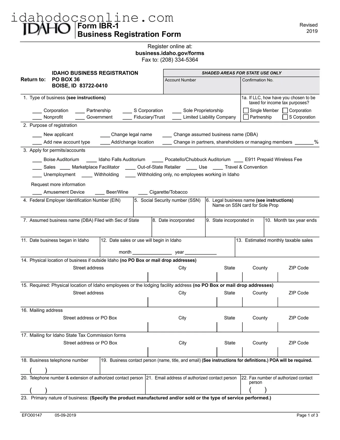 Blank Idaho Business Registration PDF Form