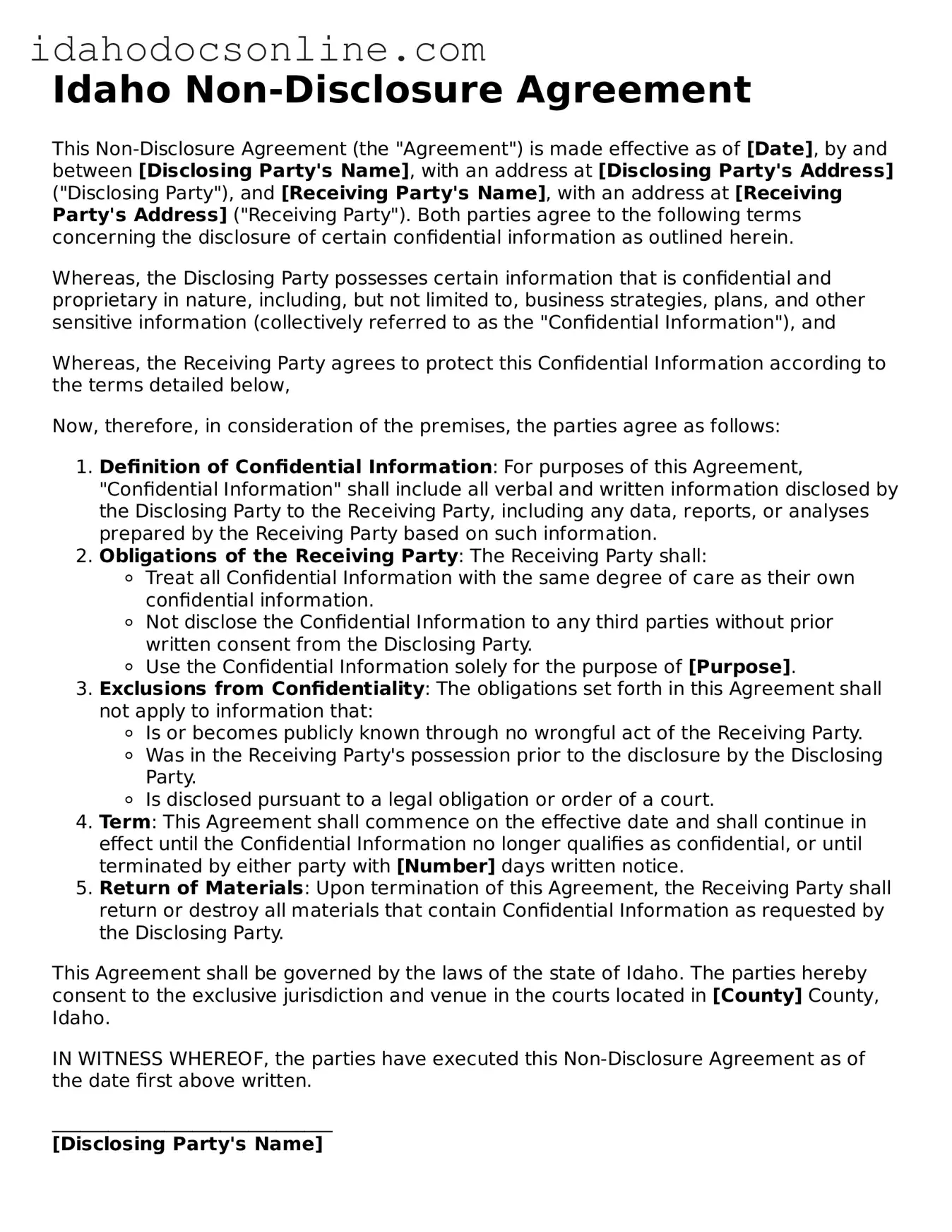 Free  Non-disclosure Agreement Form for Idaho