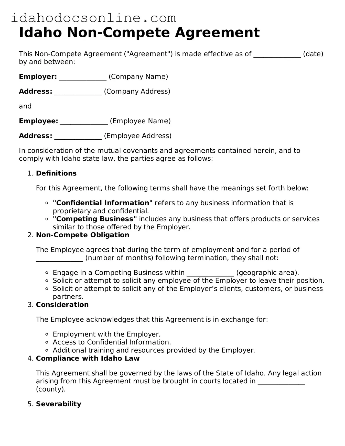 Free  Non-compete Agreement Form for Idaho