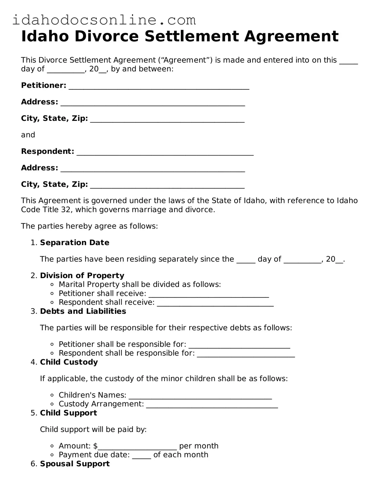 Free  Divorce Settlement Agreement Form for Idaho
