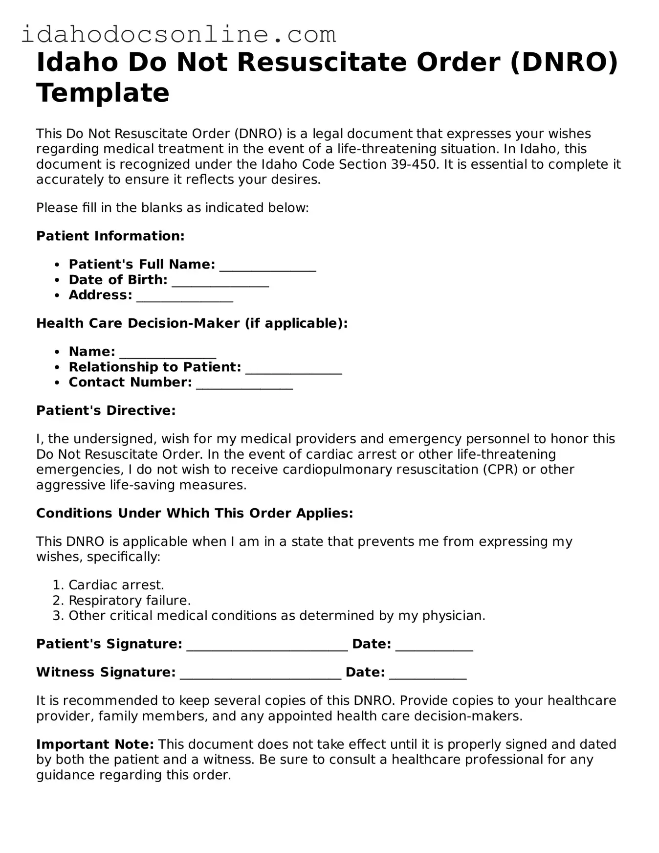 Free  Do Not Resuscitate Order Form for Idaho