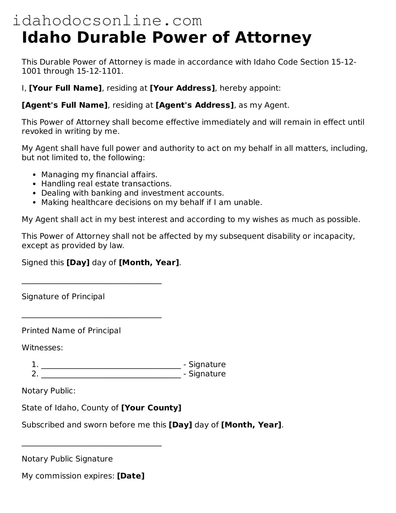 Free  Durable Power of Attorney Form for Idaho