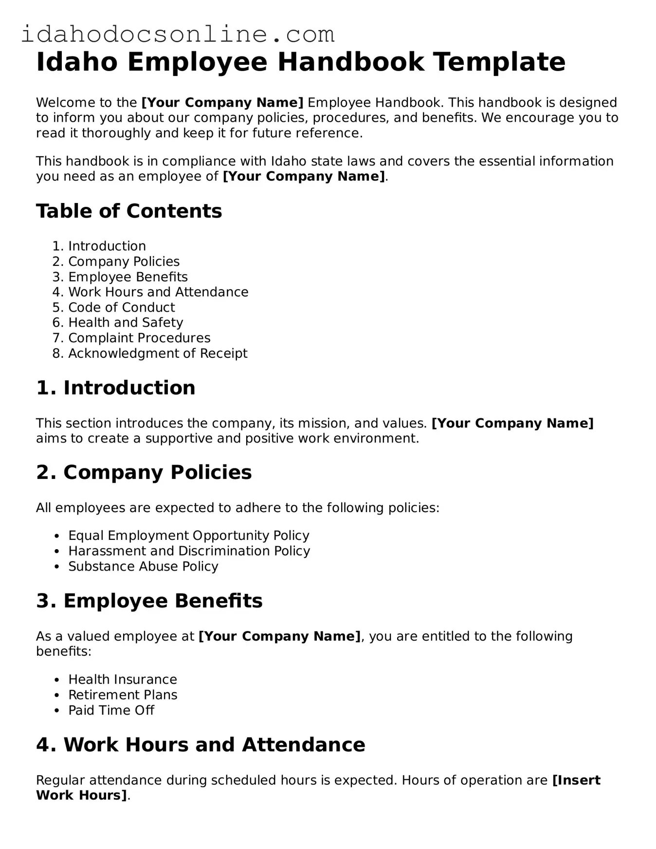 Free  Employee Handbook Form for Idaho