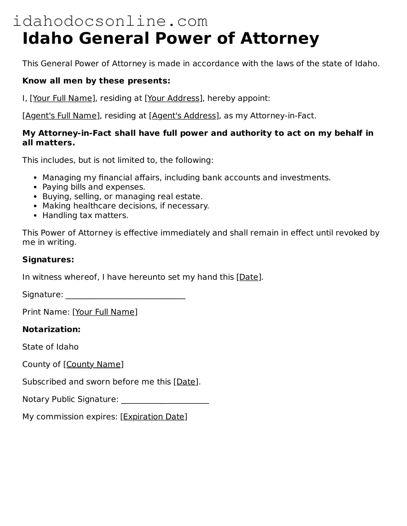Free  General Power of Attorney Form for Idaho