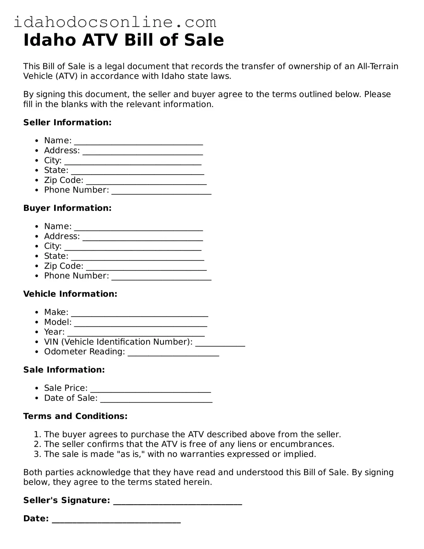 Free  ATV Bill of Sale Form for Idaho