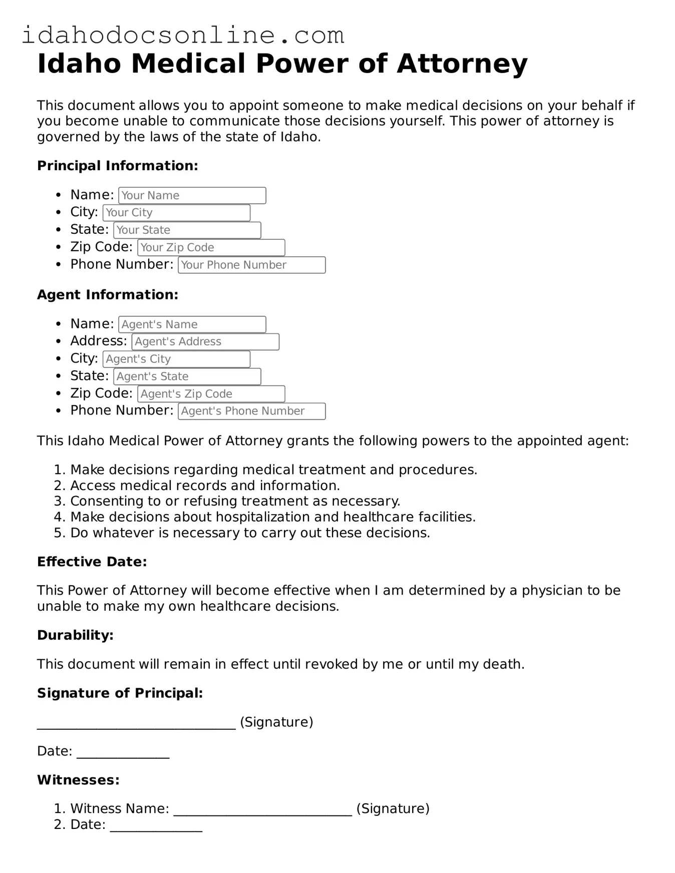 Free  Medical Power of Attorney Form for Idaho