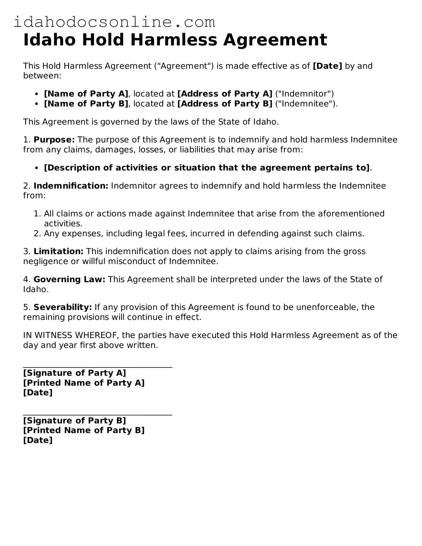 Free  Hold Harmless Agreement Form for Idaho