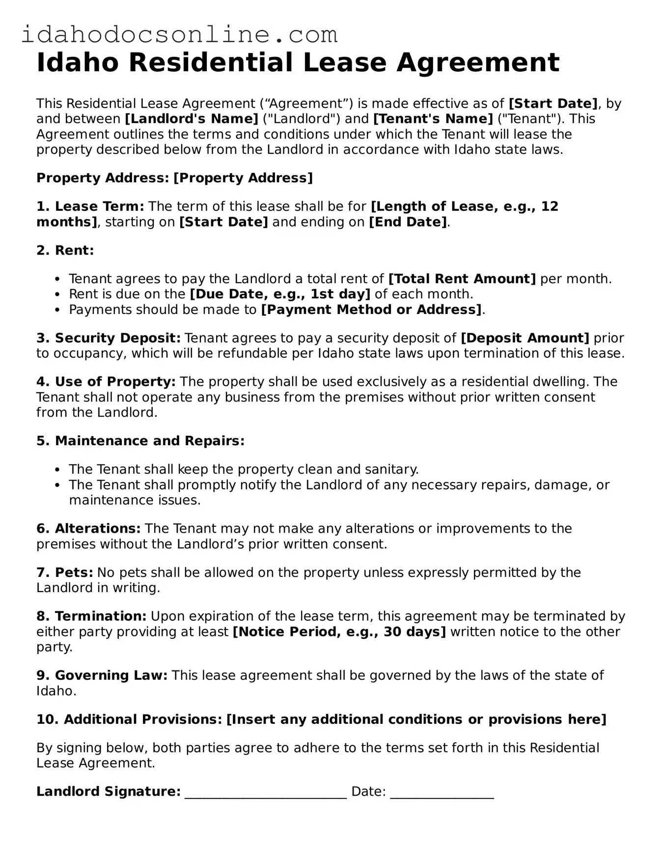 Free  Residential Lease Agreement Form for Idaho