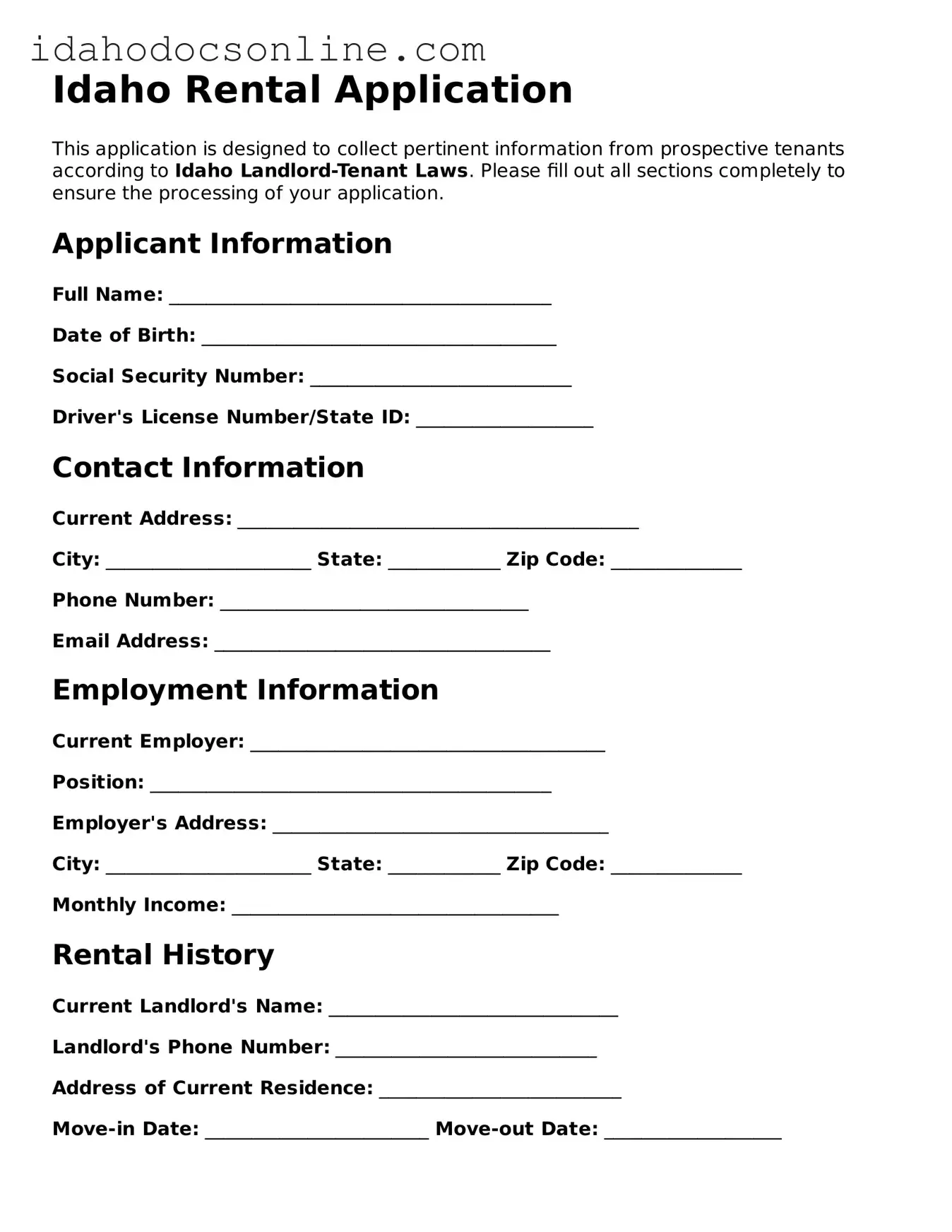 Free  Rental Application Form for Idaho