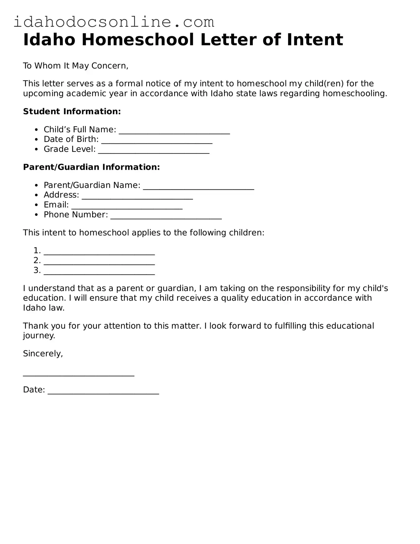 Free  Homeschool Letter of Intent Form for Idaho