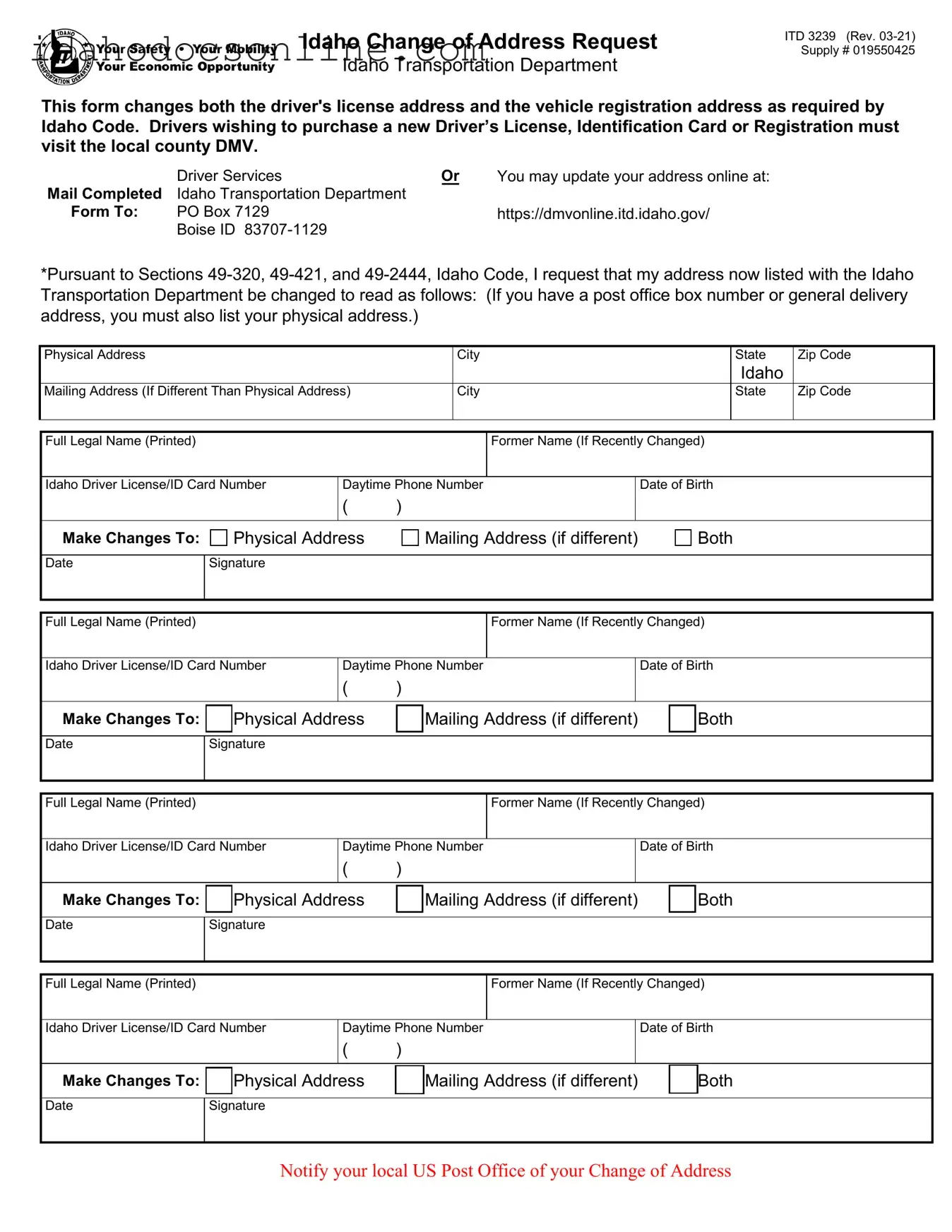 Blank Idaho Itd 3239 PDF Form