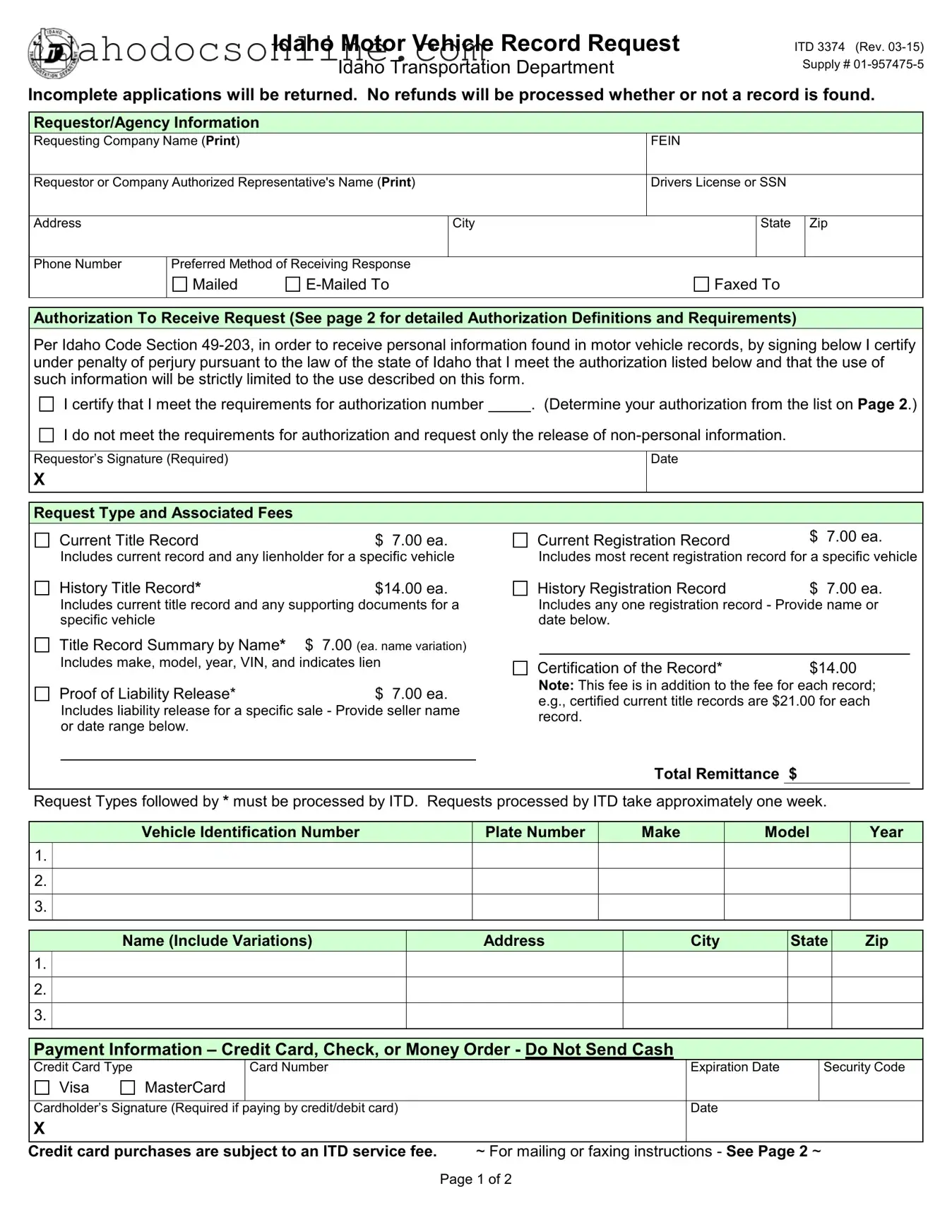 Blank Idaho Itd 3374 PDF Form