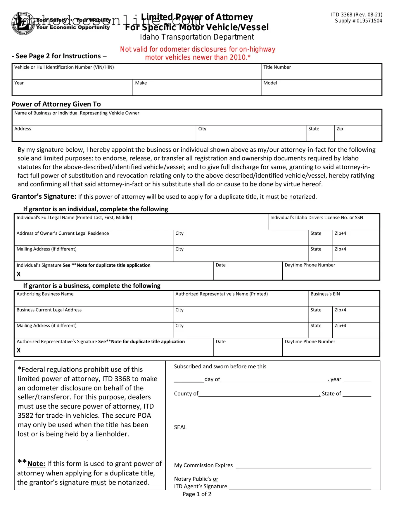 Blank Idaho Itd PDF Form