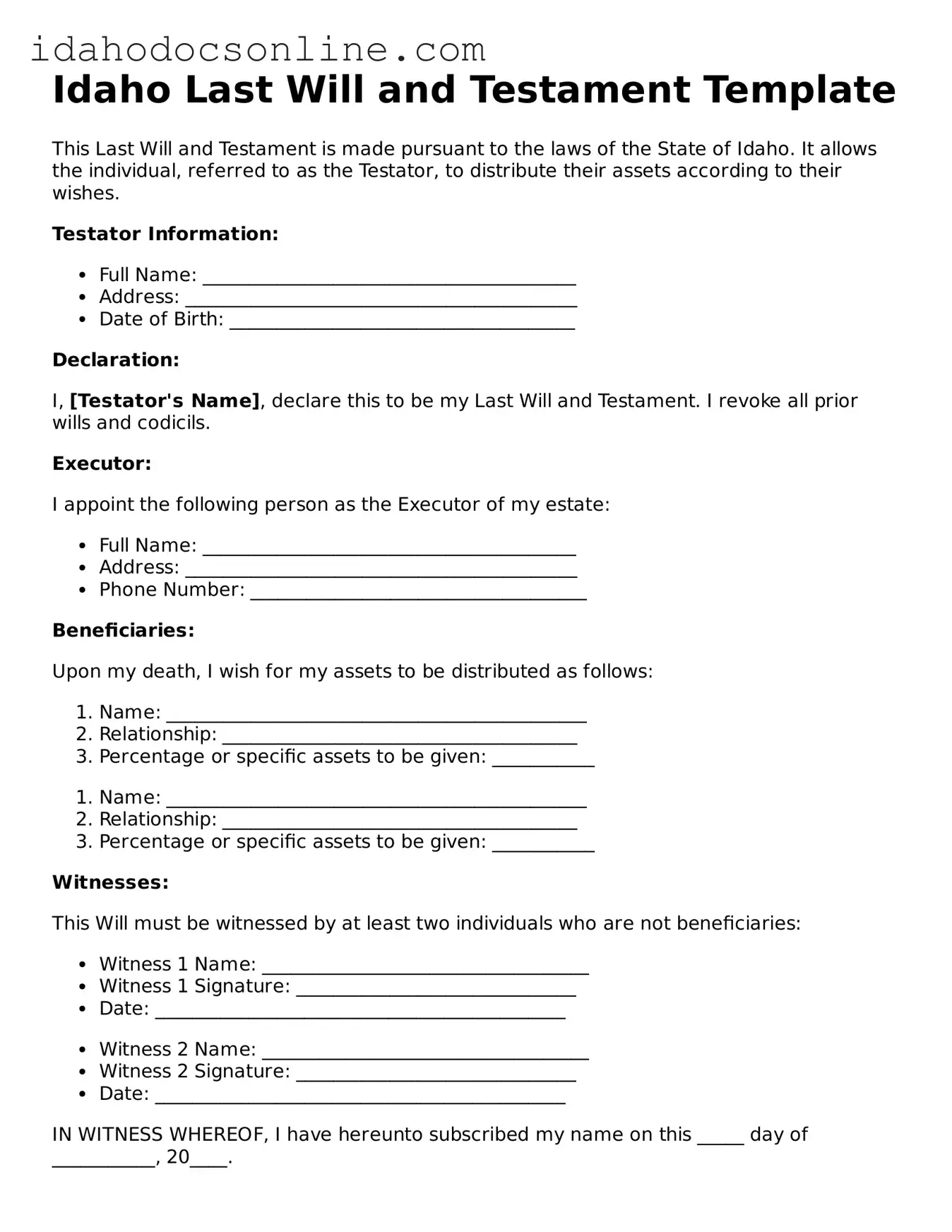 Free  Last Will and Testament Form for Idaho