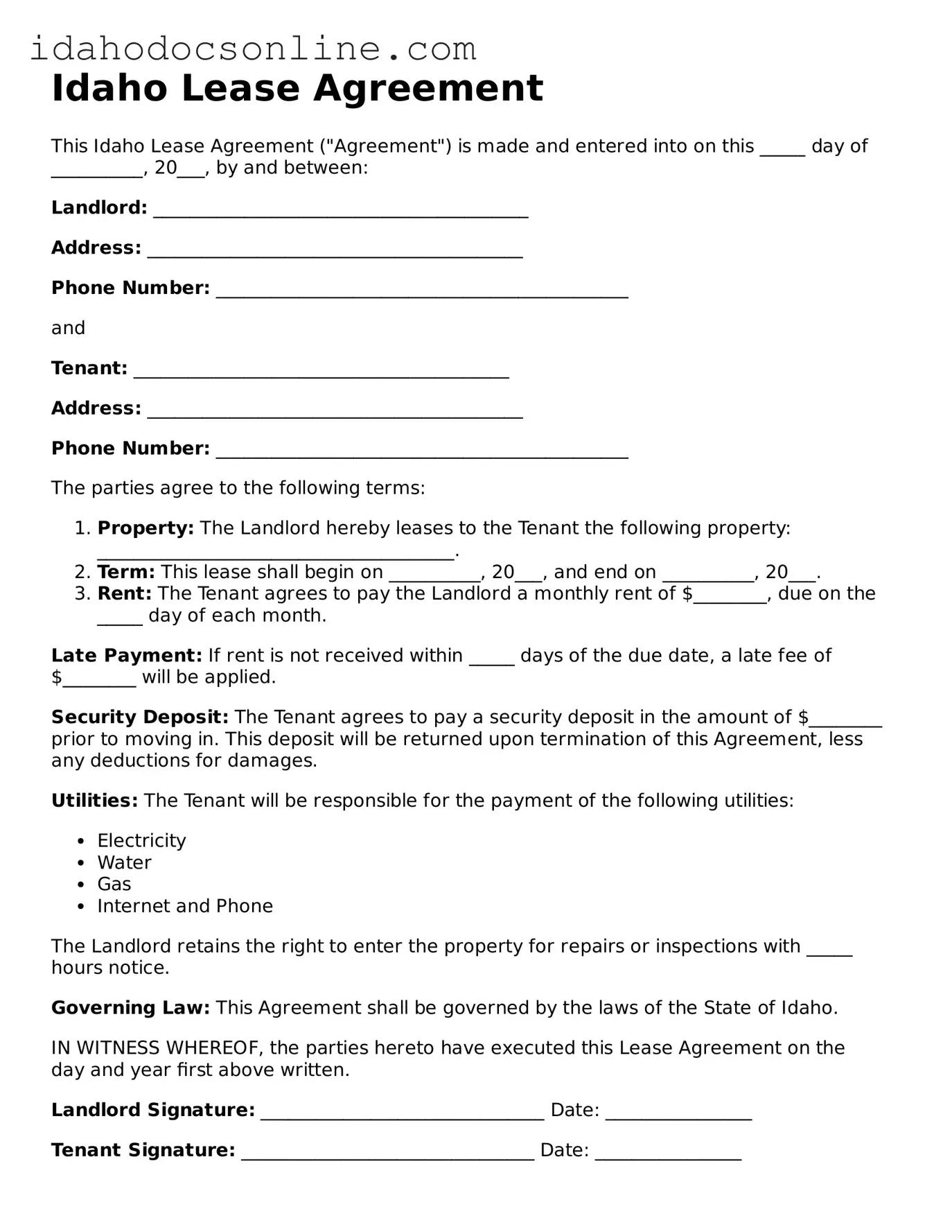 Free  Lease Agreement Form for Idaho