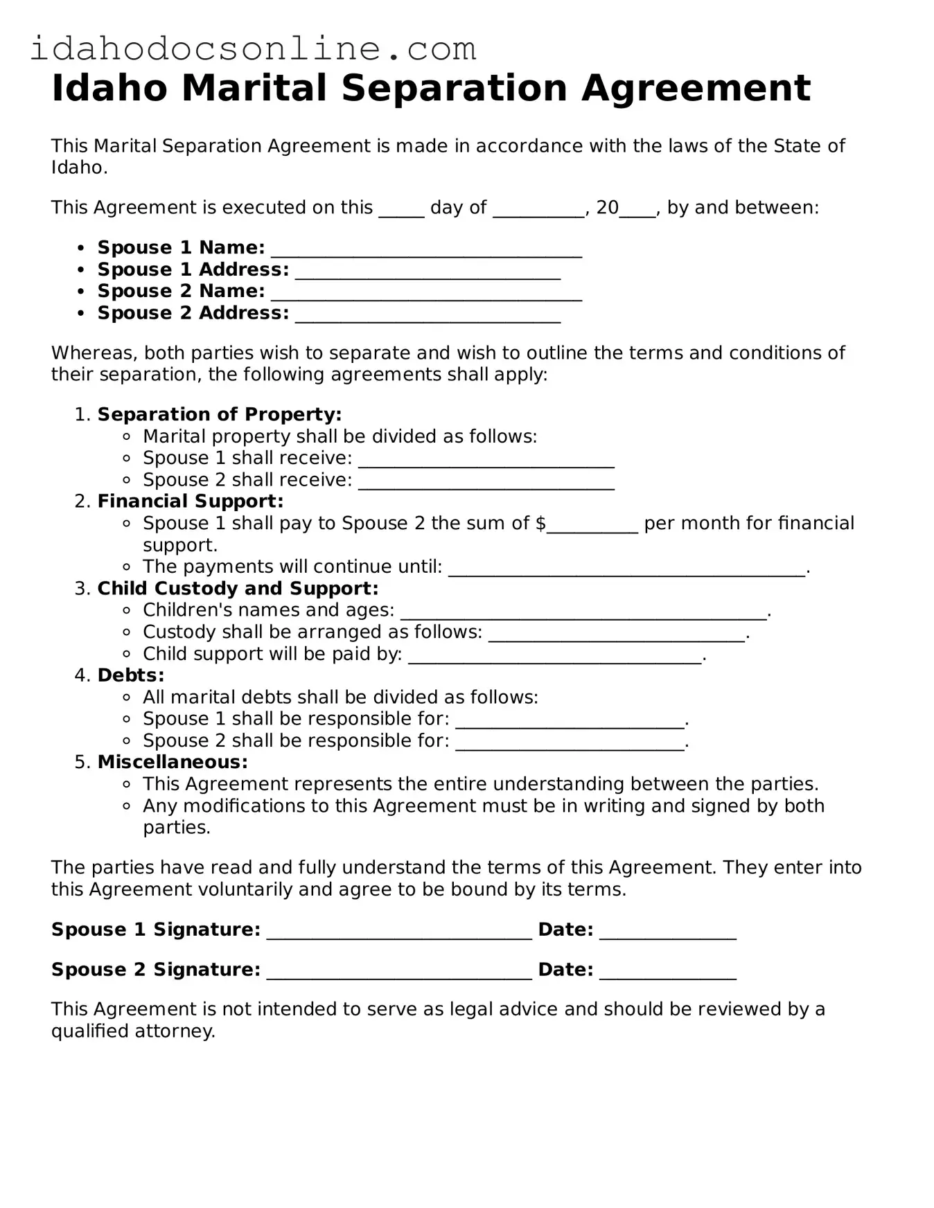 Free  Marital Separation Agreement Form for Idaho