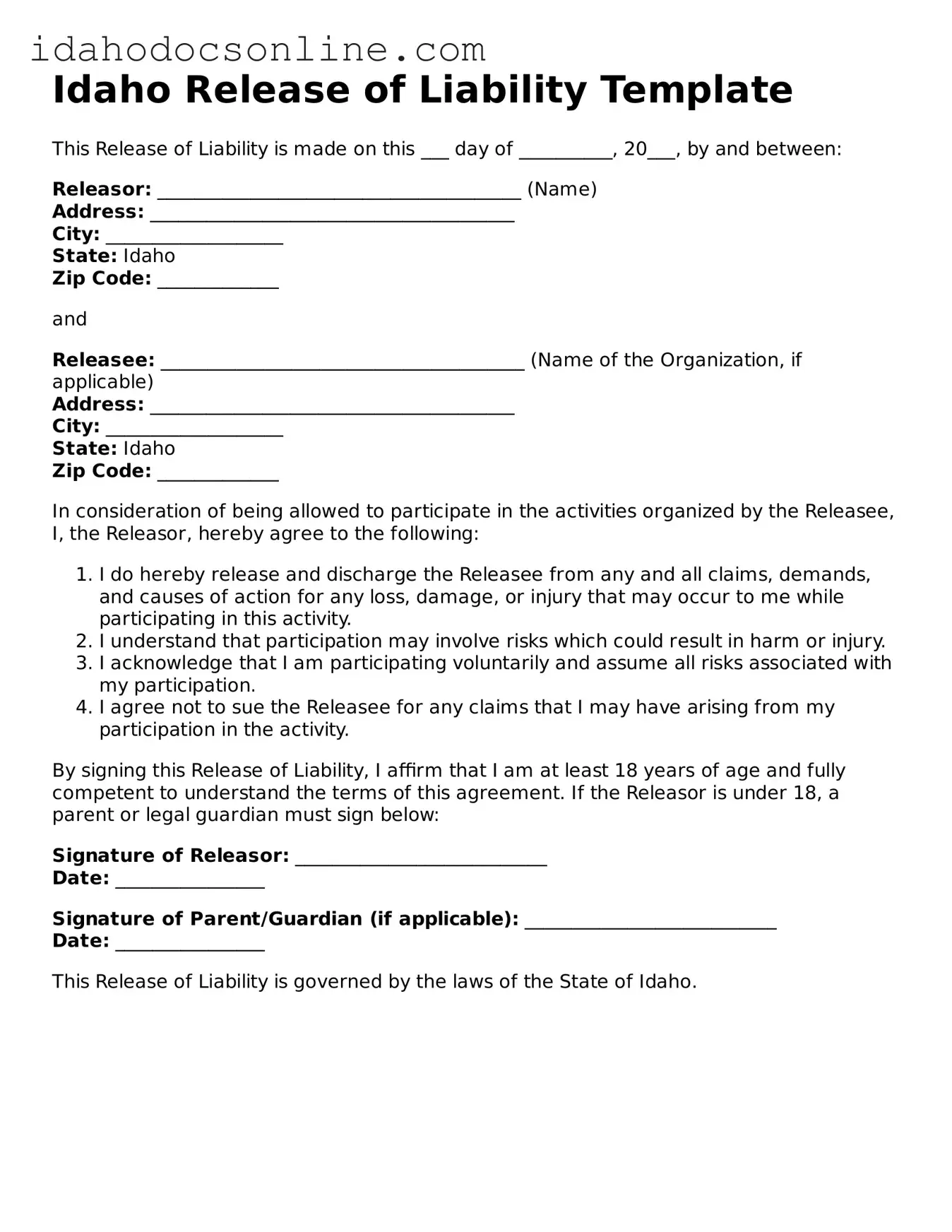 Free  Release of Liability Form for Idaho
