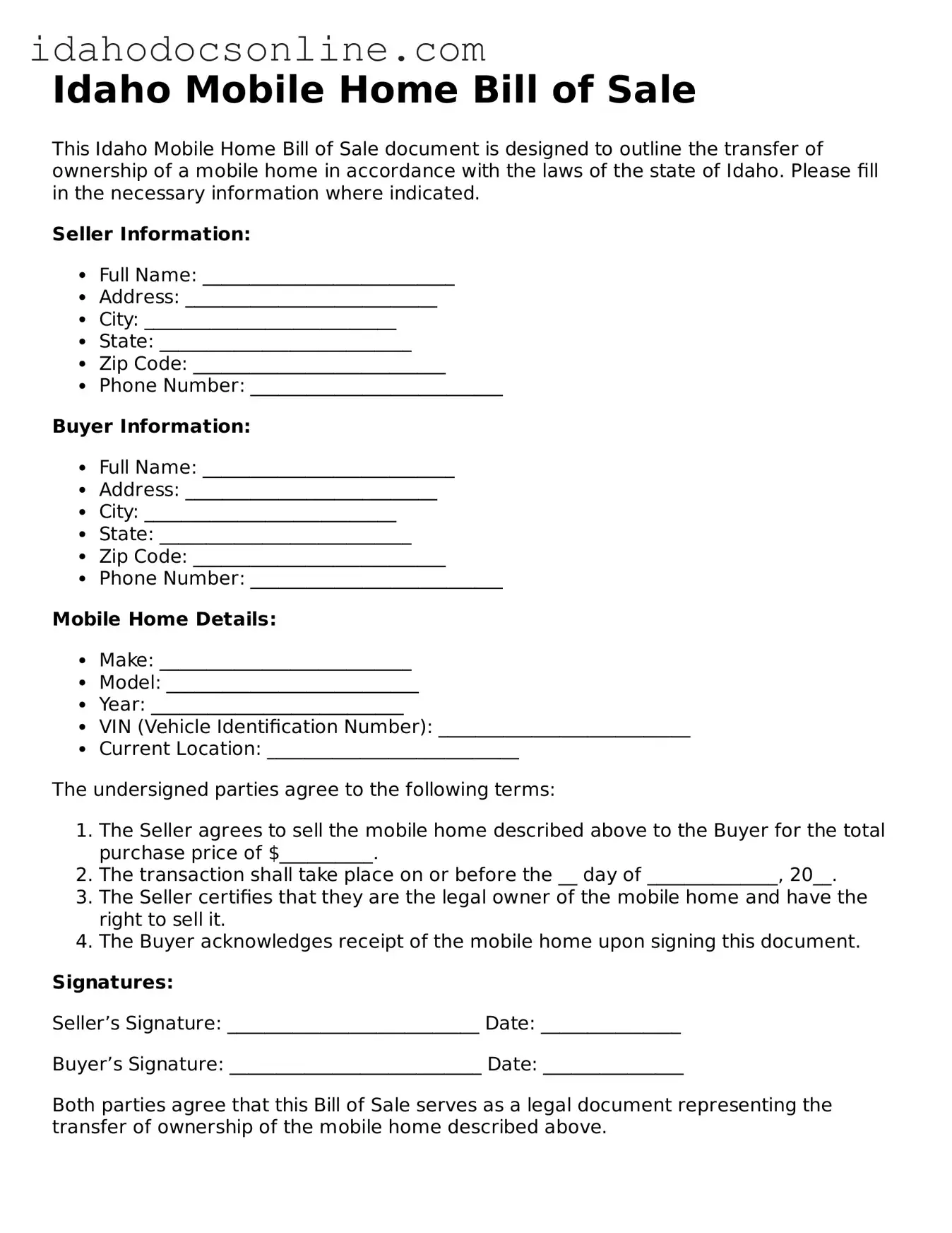 Free  Mobile Home Bill of Sale Form for Idaho