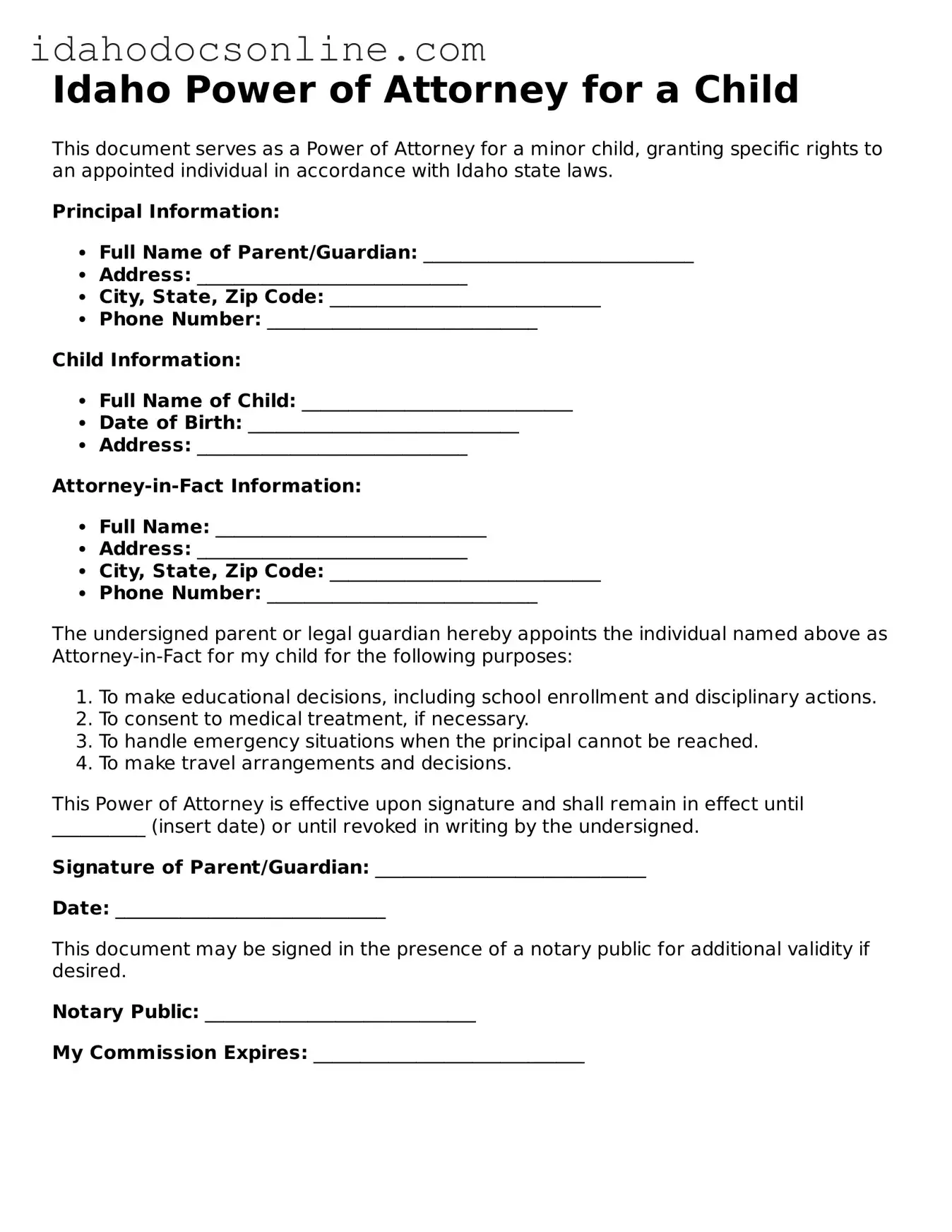 Free  Power of Attorney for a Child Form for Idaho