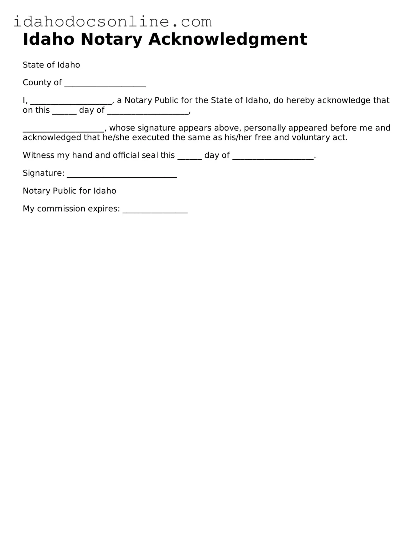 Free  Notary Acknowledgement Form for Idaho
