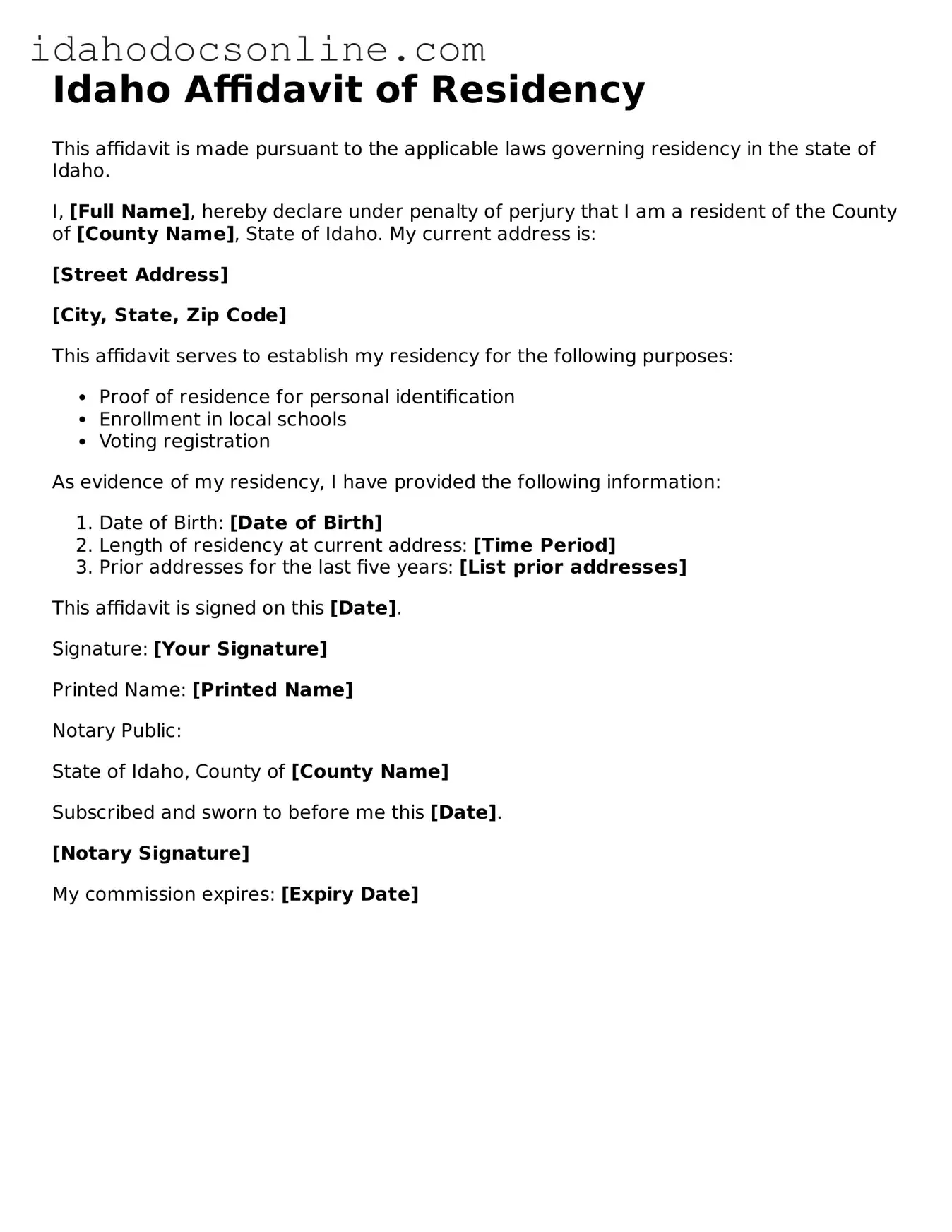 Free  Affidavit of Residency Form for Idaho