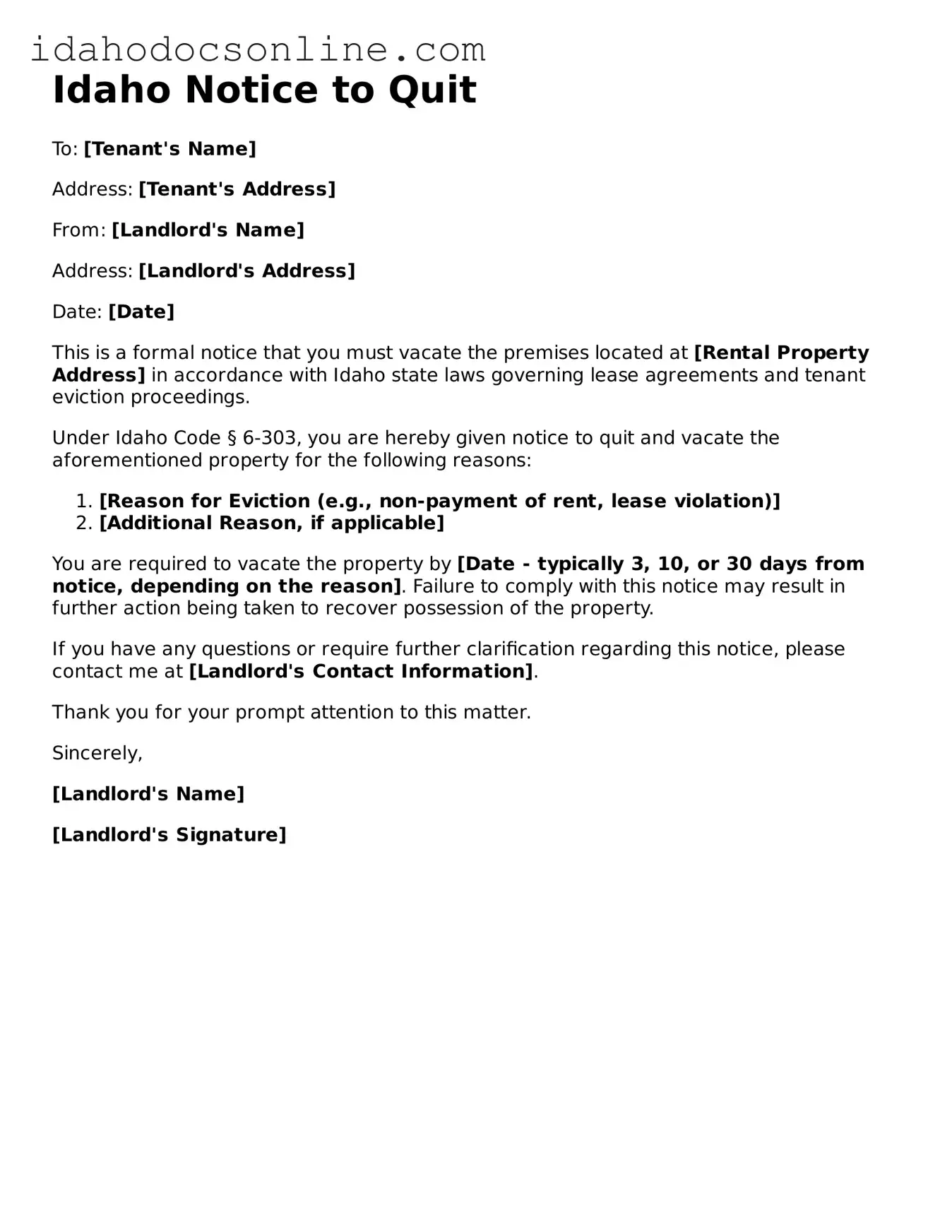 Free  Notice to Quit Form for Idaho