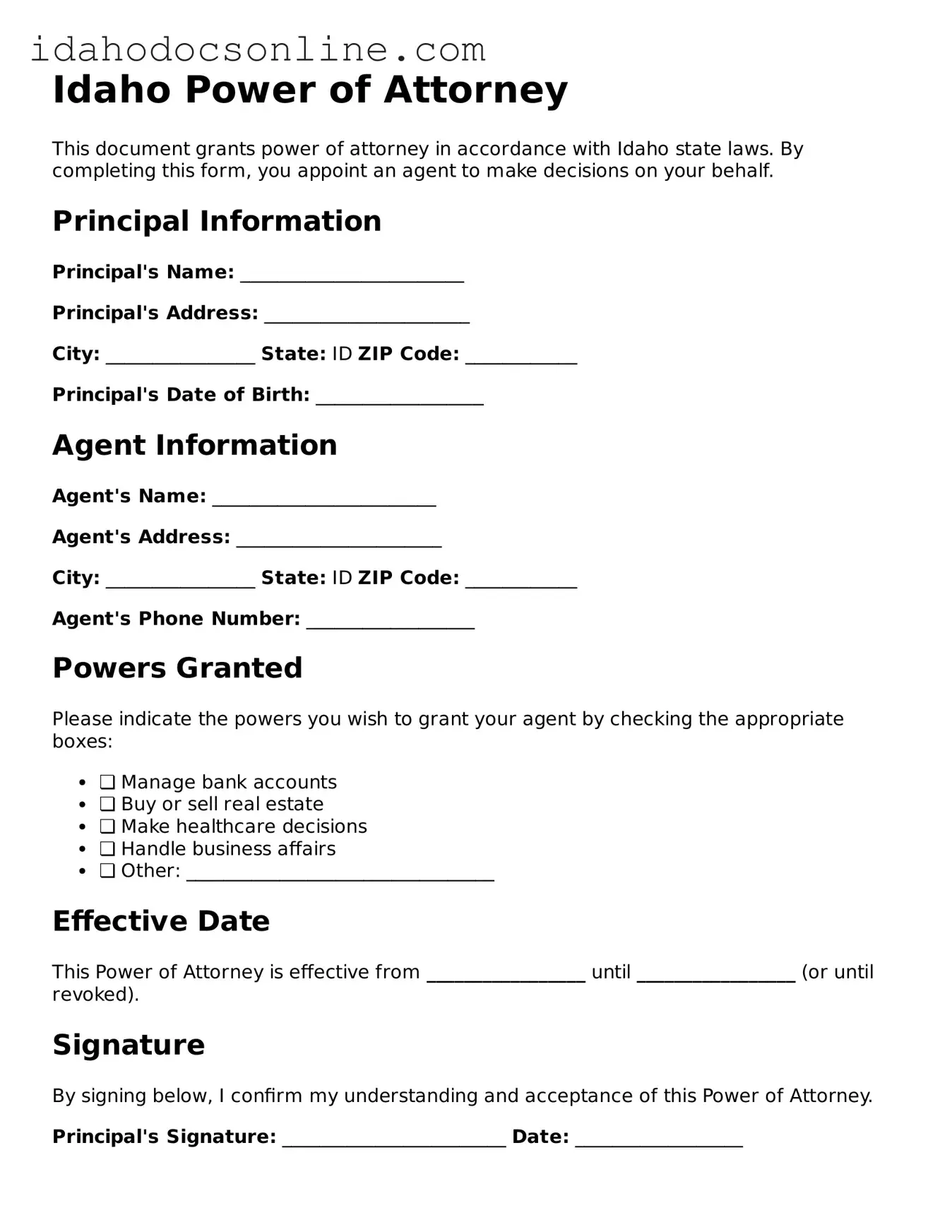 Free  Power of Attorney Form for Idaho