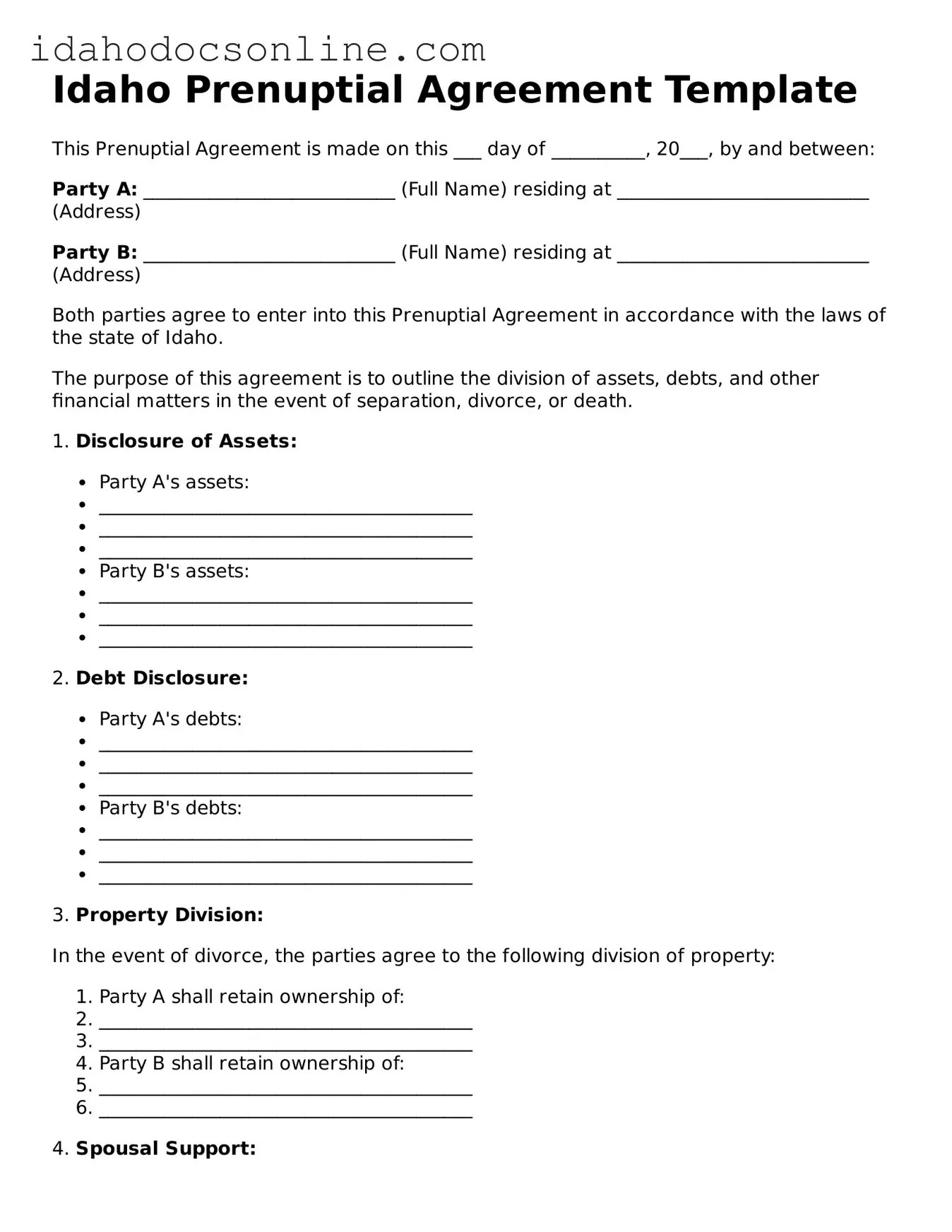 Free  Prenuptial Agreement Form for Idaho