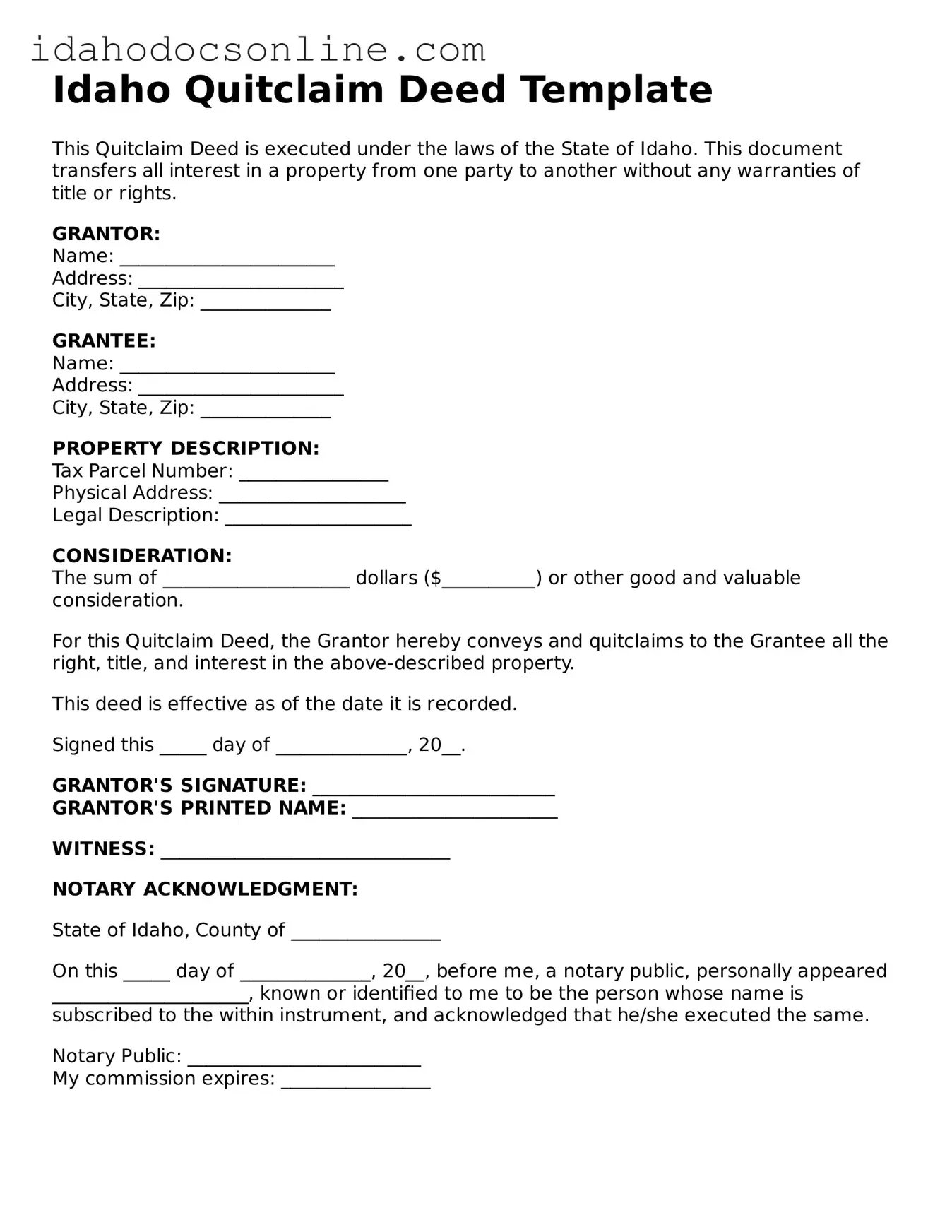 Free  Quitclaim Deed Form for Idaho