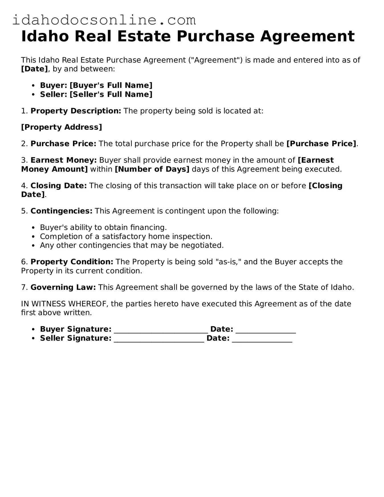 Free  Real Estate Purchase Agreement Form for Idaho
