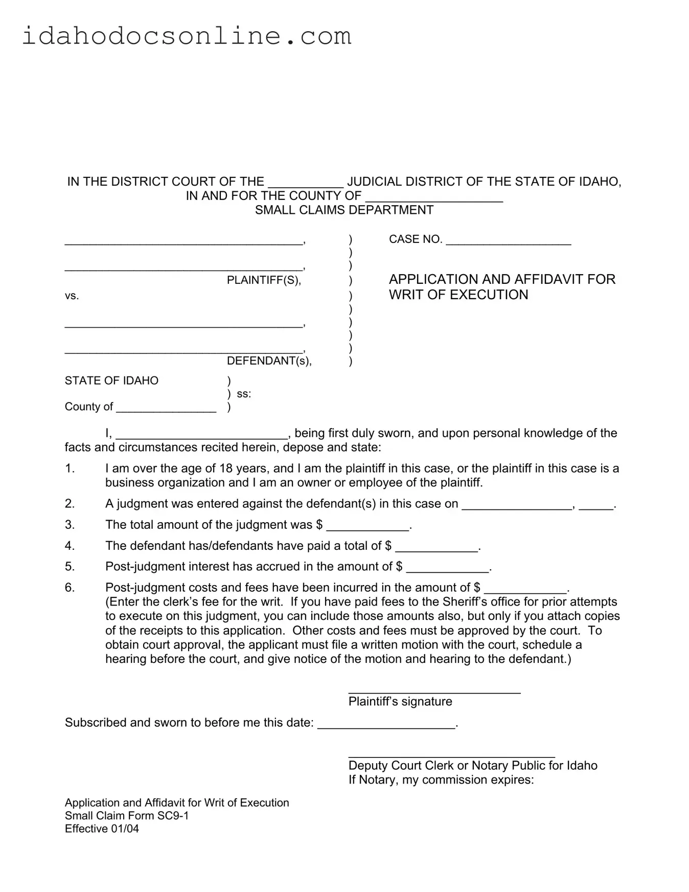 Blank Idaho Sc 9 1 PDF Form