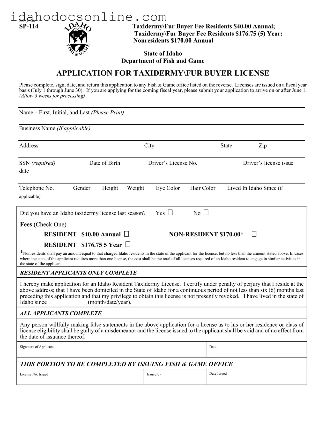 Blank Idaho Sp 114 PDF Form