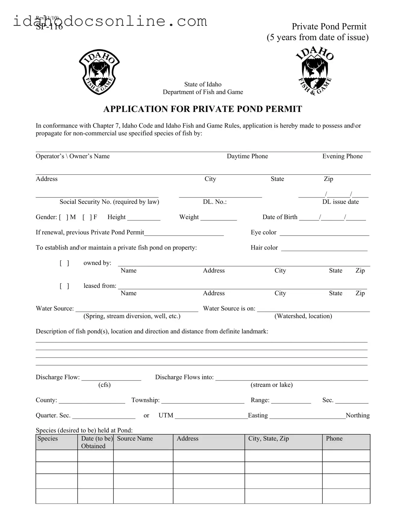 Blank Idaho Sp 116 PDF Form