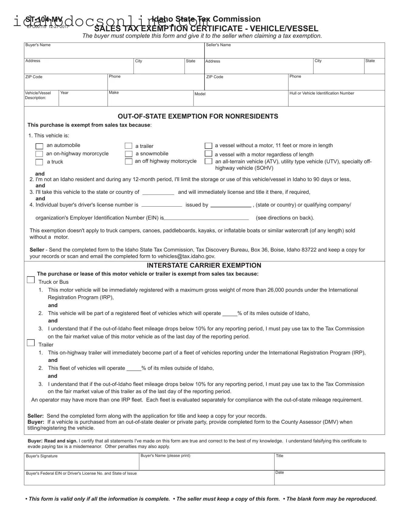 Blank Idaho St 104 Mv PDF Form