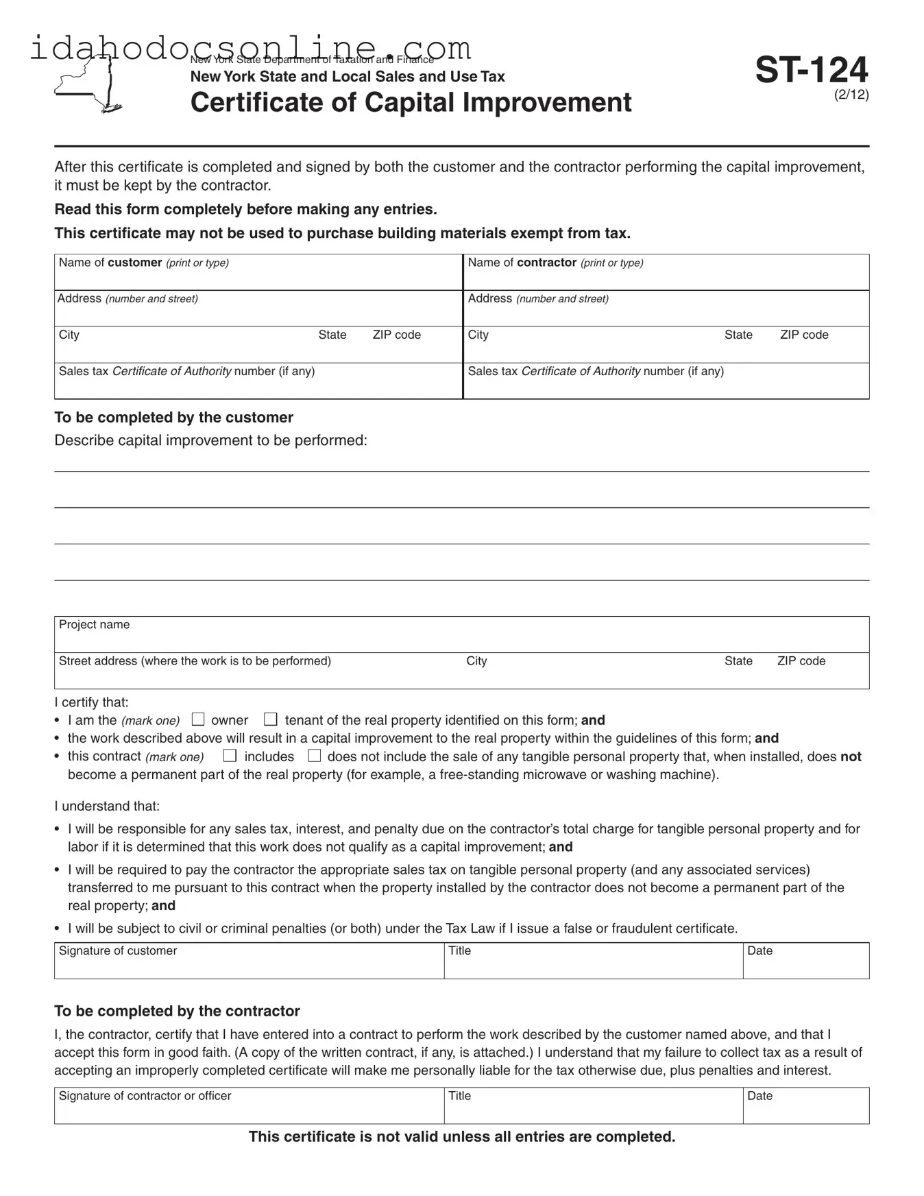 Blank Idaho St 124 PDF Form