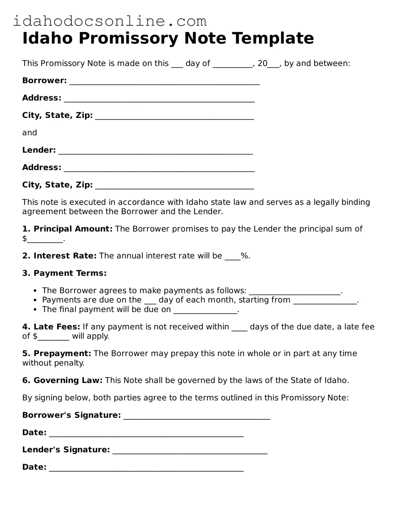 Free  Promissory Note Form for Idaho