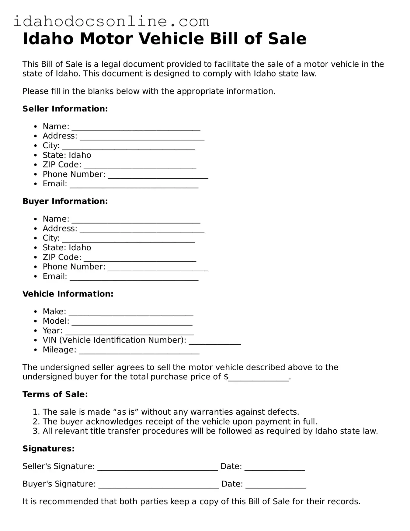 Free  Motor Vehicle Bill of Sale Form for Idaho