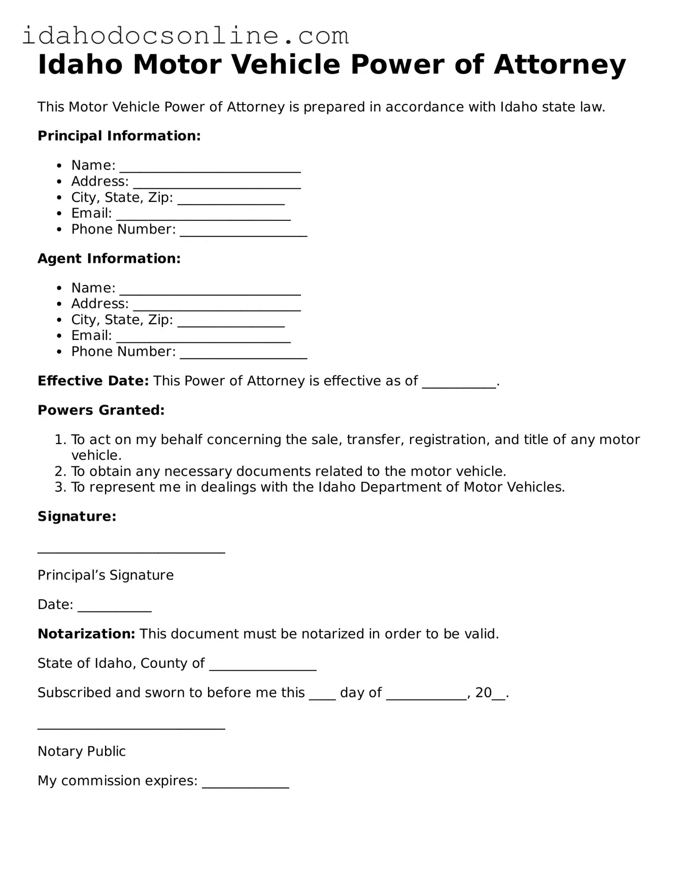 Free  Motor Vehicle Power of Attorney Form for Idaho