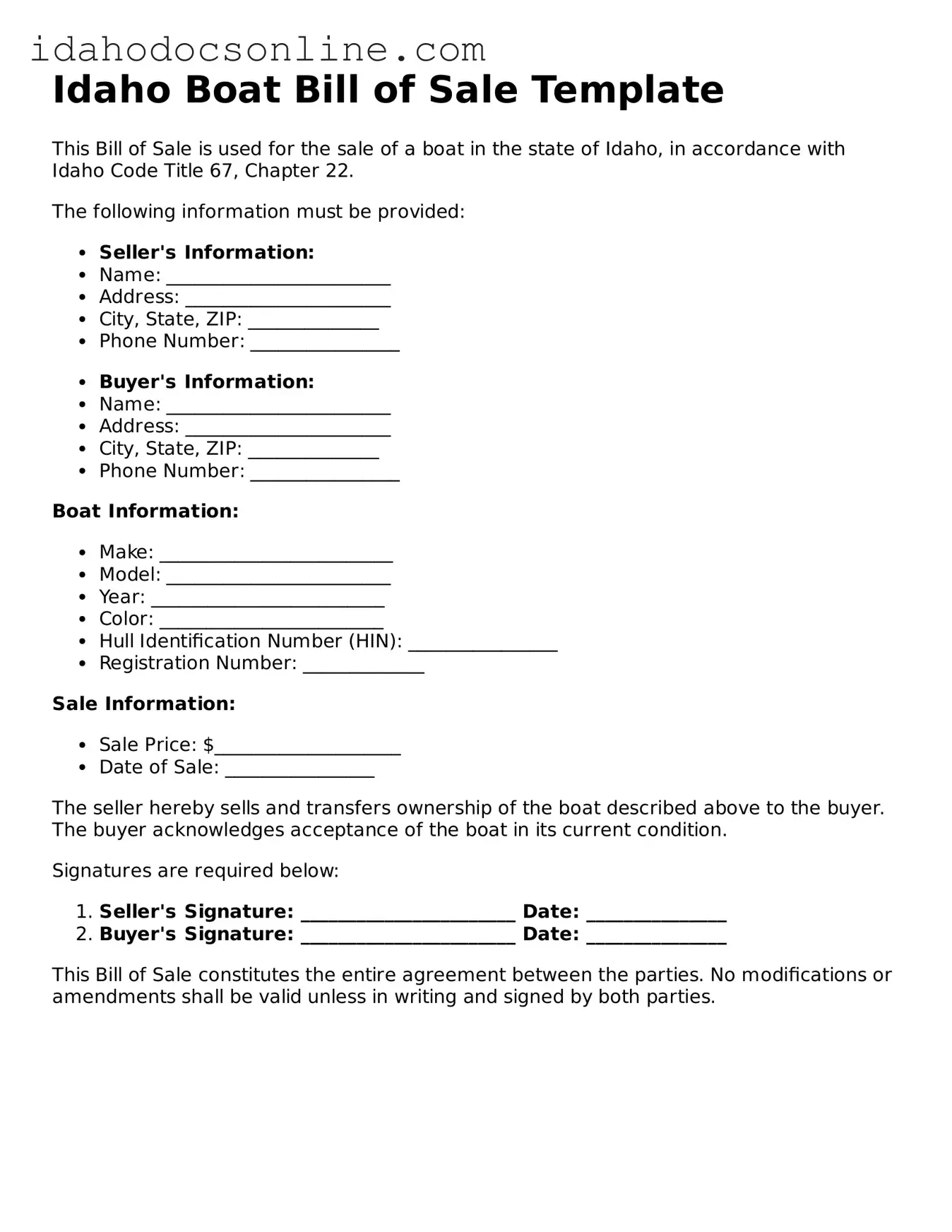 Free  Boat Bill of Sale Form for Idaho