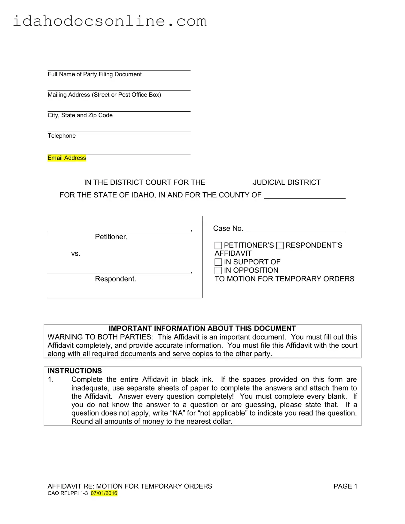 Blank Motion For Temporary Orders Idaho PDF Form