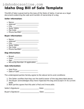 Free  Dog Bill of Sale Form for Idaho